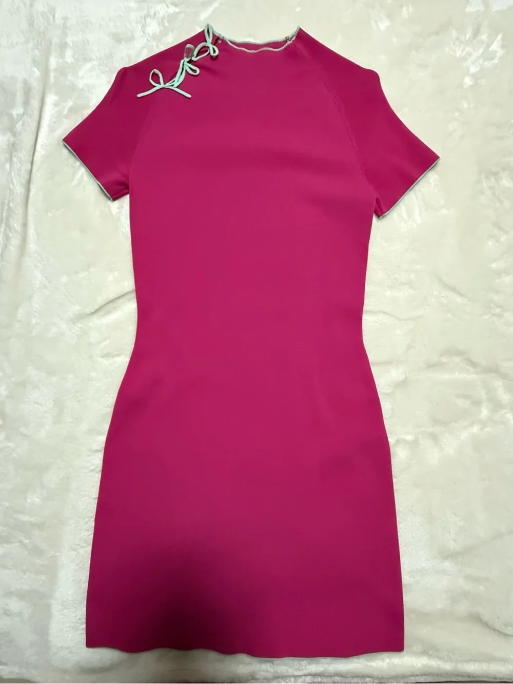 Zara Fuchsia Short-Sleeve Mini Dress with Shoulder Tie - Picture 1 of 4